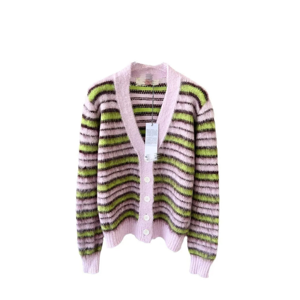 Pink haima wool lazy coat cardigan sweater with nap texture on a hanger