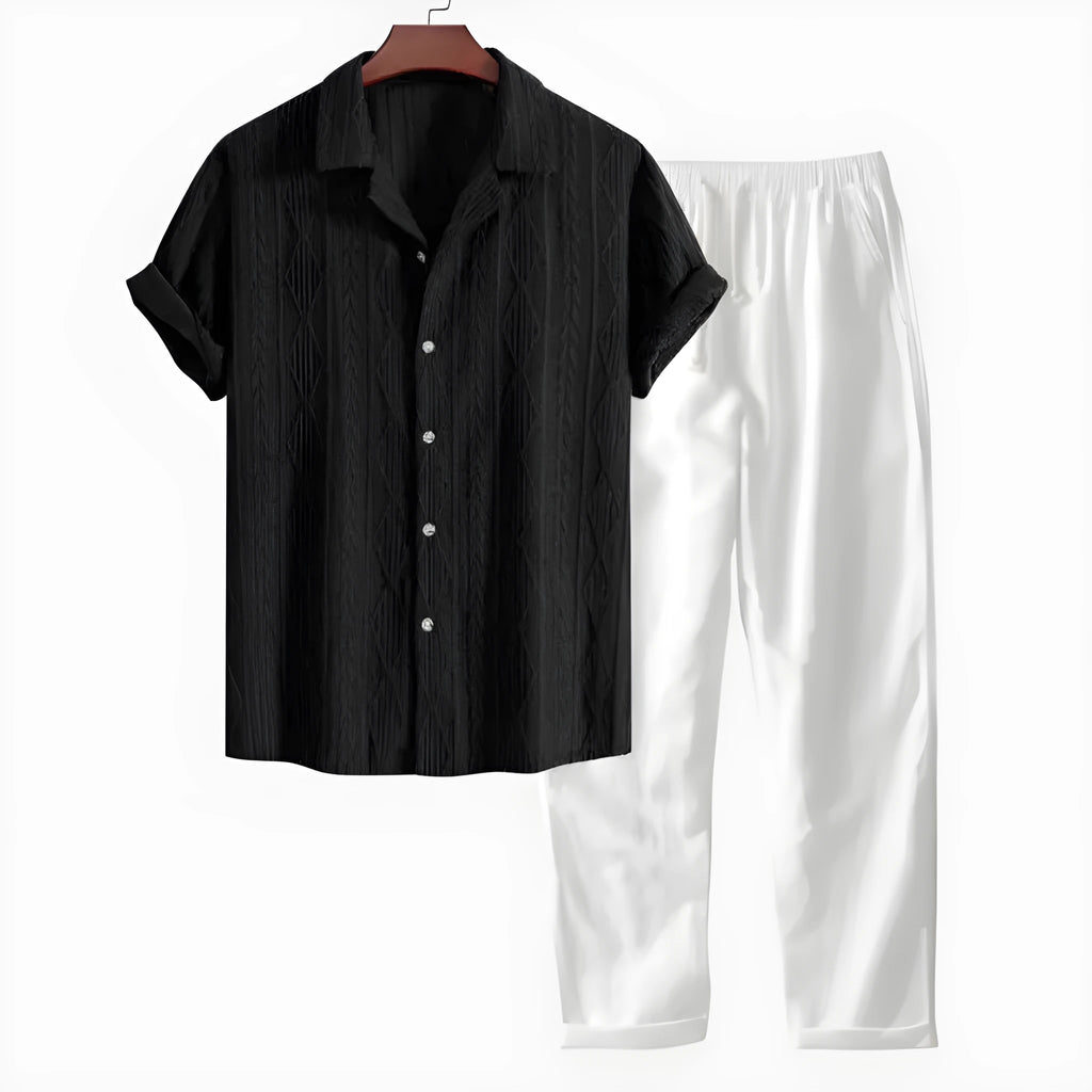 Camouflage print casual suit with short sleeve shirt and trousers in slim fit
