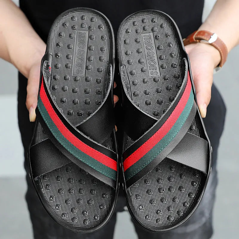 Men's white cowhide leather flip-flop sandals with a PU sole, shown from a side angle.