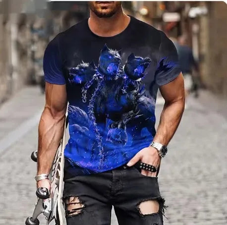 Men's grey T-shirt with raised 3D lion design print on chest, showing dimensional animal graphic