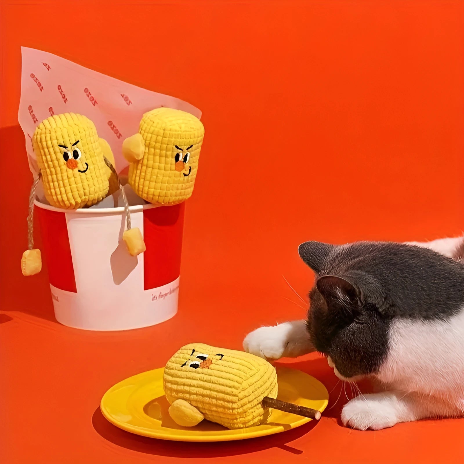 Natural wood corn cob shaped chew toy for cats on a white background.