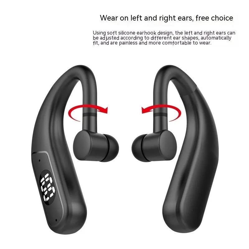 Black digital display ear hook sports headset with dual battery and in-ear fit
