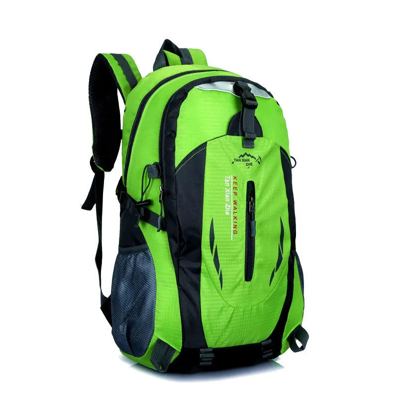 Large green Oxford cloth outdoor backpack with double straps, showing laptop compartment and ID holder.
