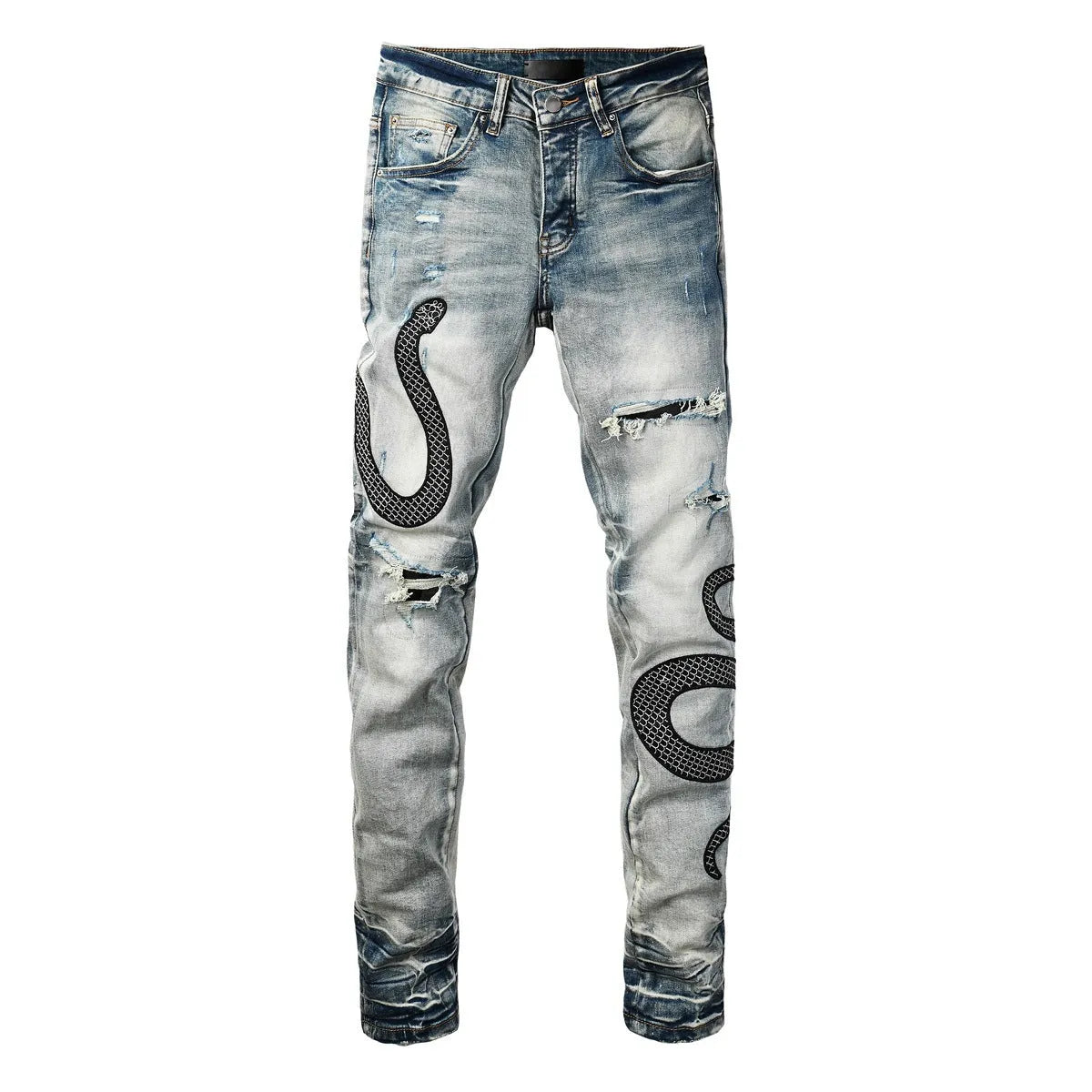 Man's blue distressed skinny jeans with a vintage wash, shown on a model, featuring a button fly and a tapered leg.