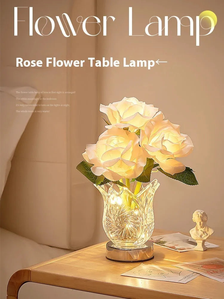 Modern crystal flowers bedside table lamp with USB charging port and touch-sensitive dimming control.