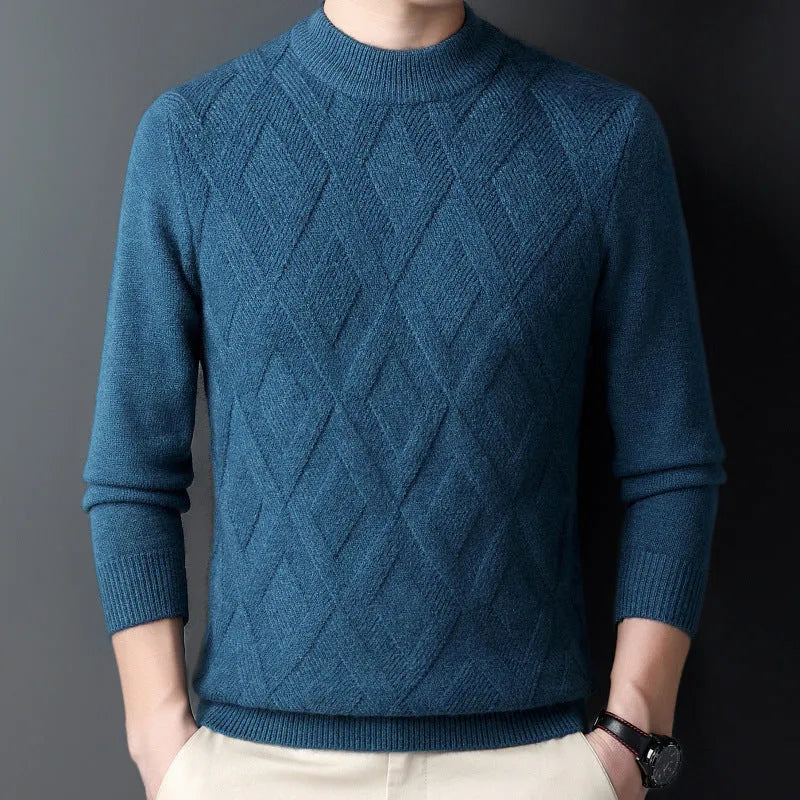 Men's thick winter wool blend pullover sweater with diamond jacquard pattern in a plus size fit.
