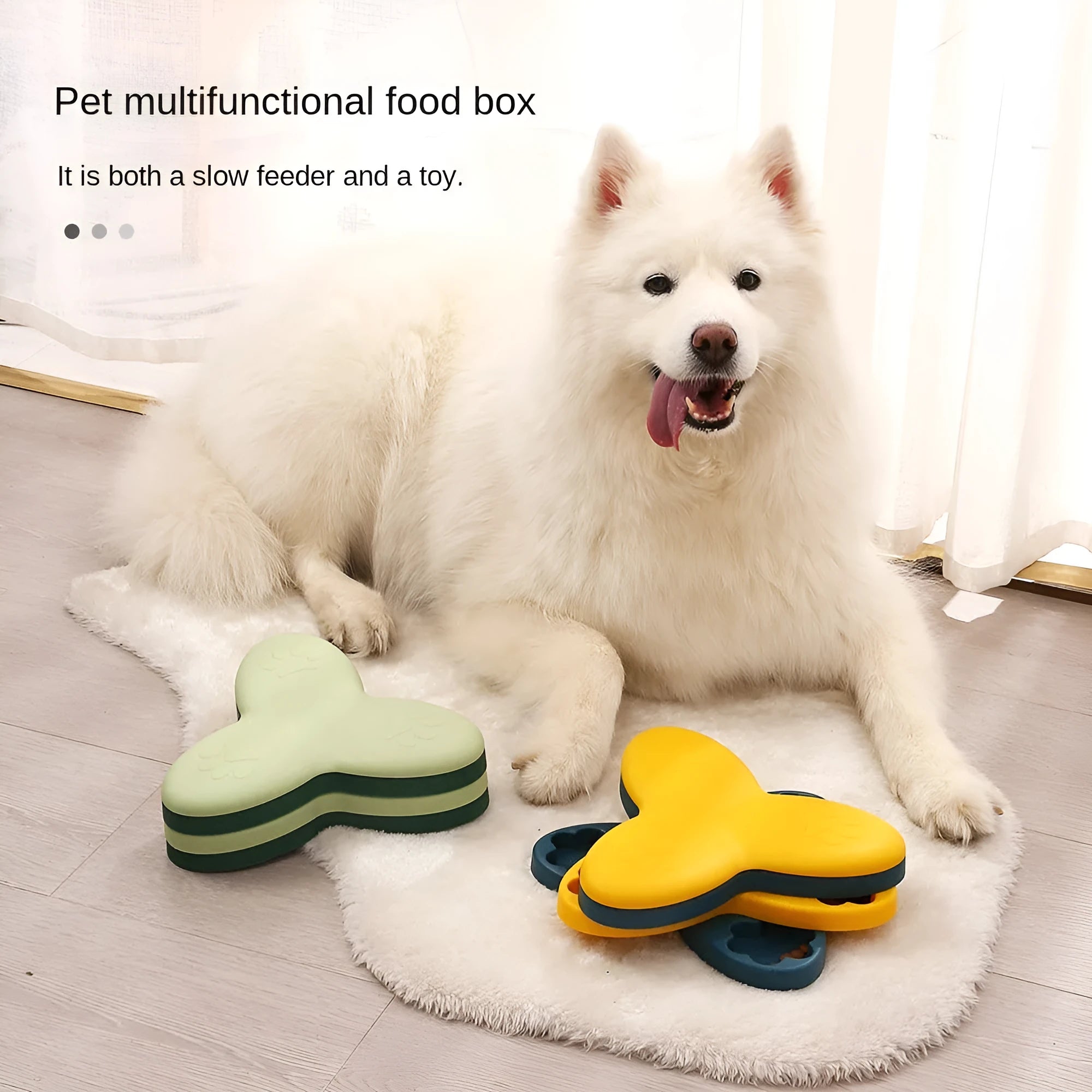 Green and yellow dog puzzle toy slow feeder with 9 compartments and bone-shaped covers