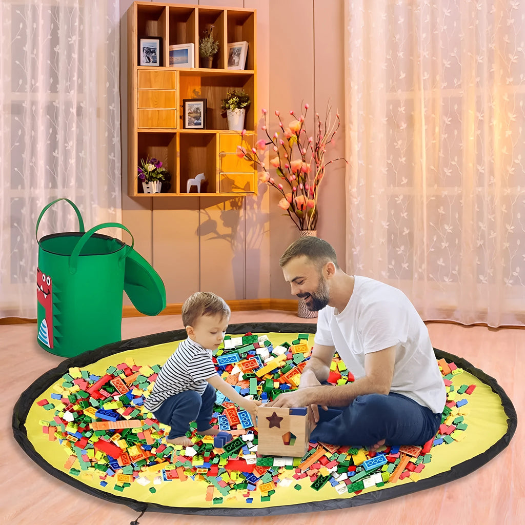 Green felt cube storage bag with pull rope, shown as a toy organiser and play mat.
