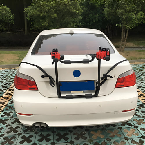 Black and red car trunk mounted bicycle rack holder with iron frame measuring 73x50cm
