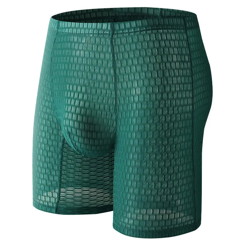 Men's solid colour lace boxers with a lengthened hip-lifting shaping design on a size chart.