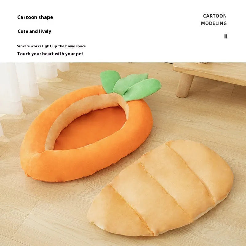 Carrot-shaped orange dog bed with removable washable cover on a floor