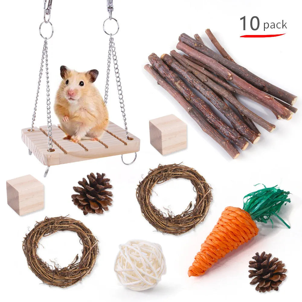 Assortment of wooden pet toys for rabbits guinea pigs and parrots in a set