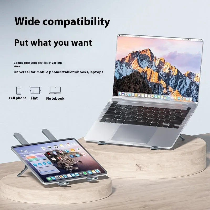 Silver aluminium laptop cooling stand with twin fans in folded and unfolded positions
