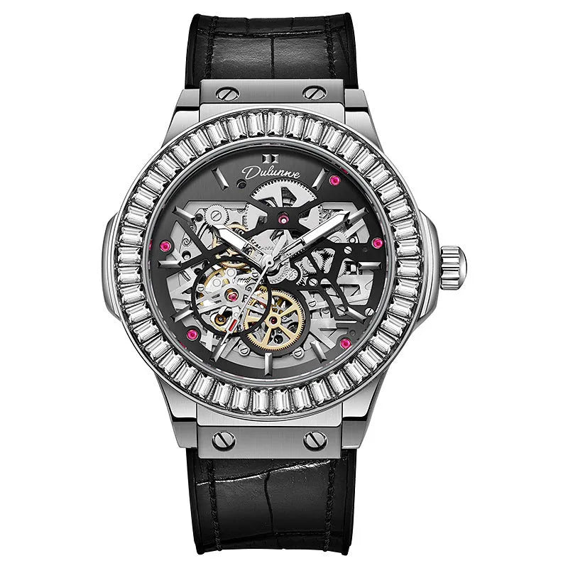 Automatic mechanical men's watch with hollow movement and diamond studding on white shell case