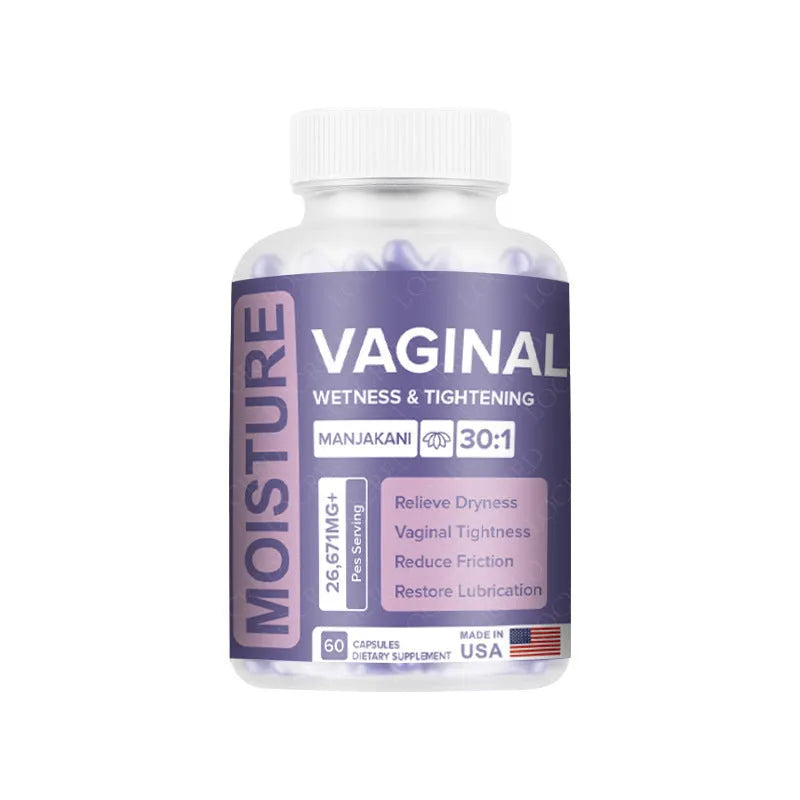 Bottle containing 60 vaginal capsules for women's intimate care supplement