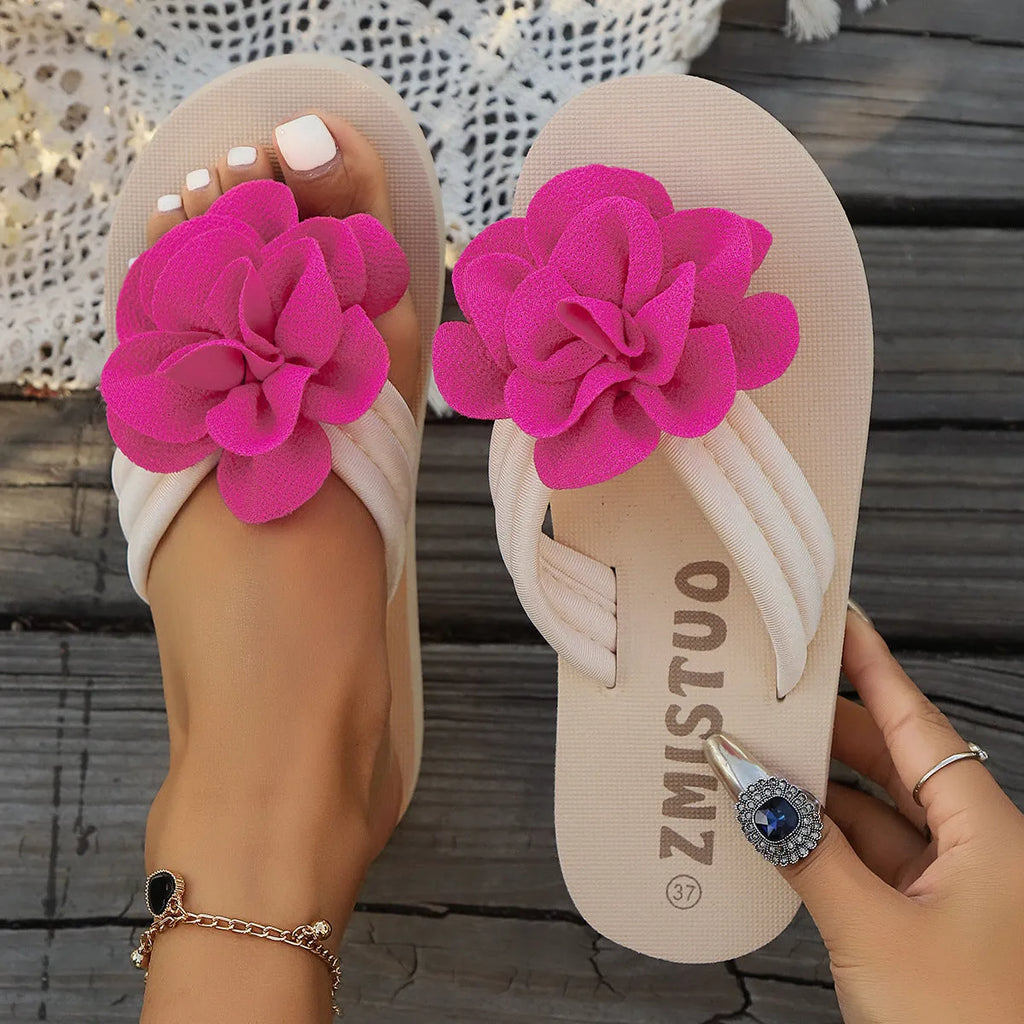 Plus size women's flower design slippers flip flops in green, rose red, and creamy white colours