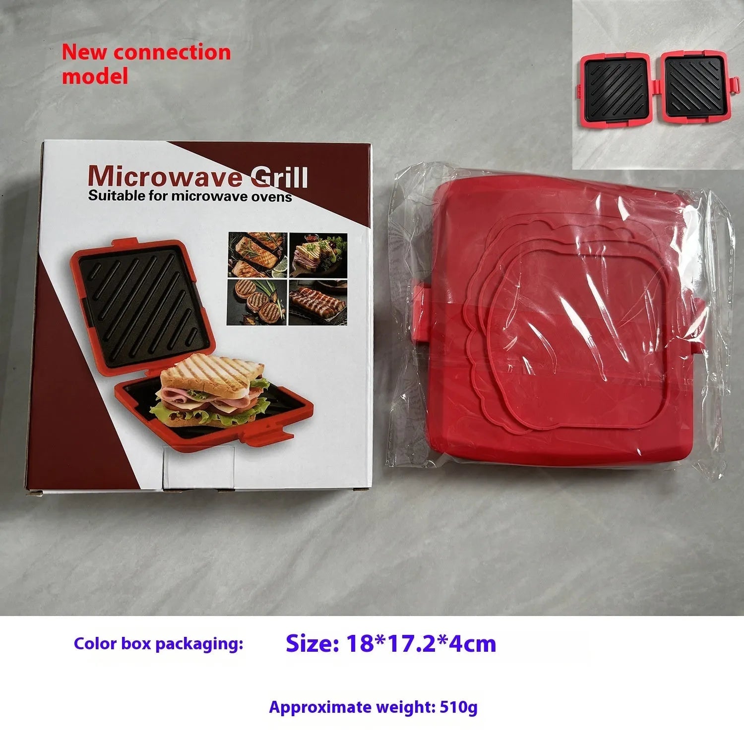 Red silicone baking tray with a large integrated handle and a pair of detachable blue baking gloves.