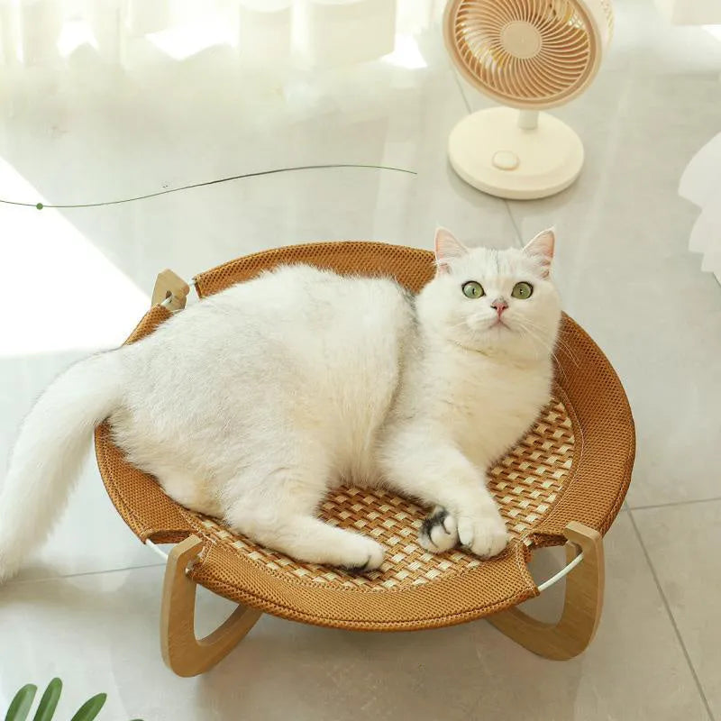 Brown woven rattan pet bed hammock for cats and small dogs, off-ground design