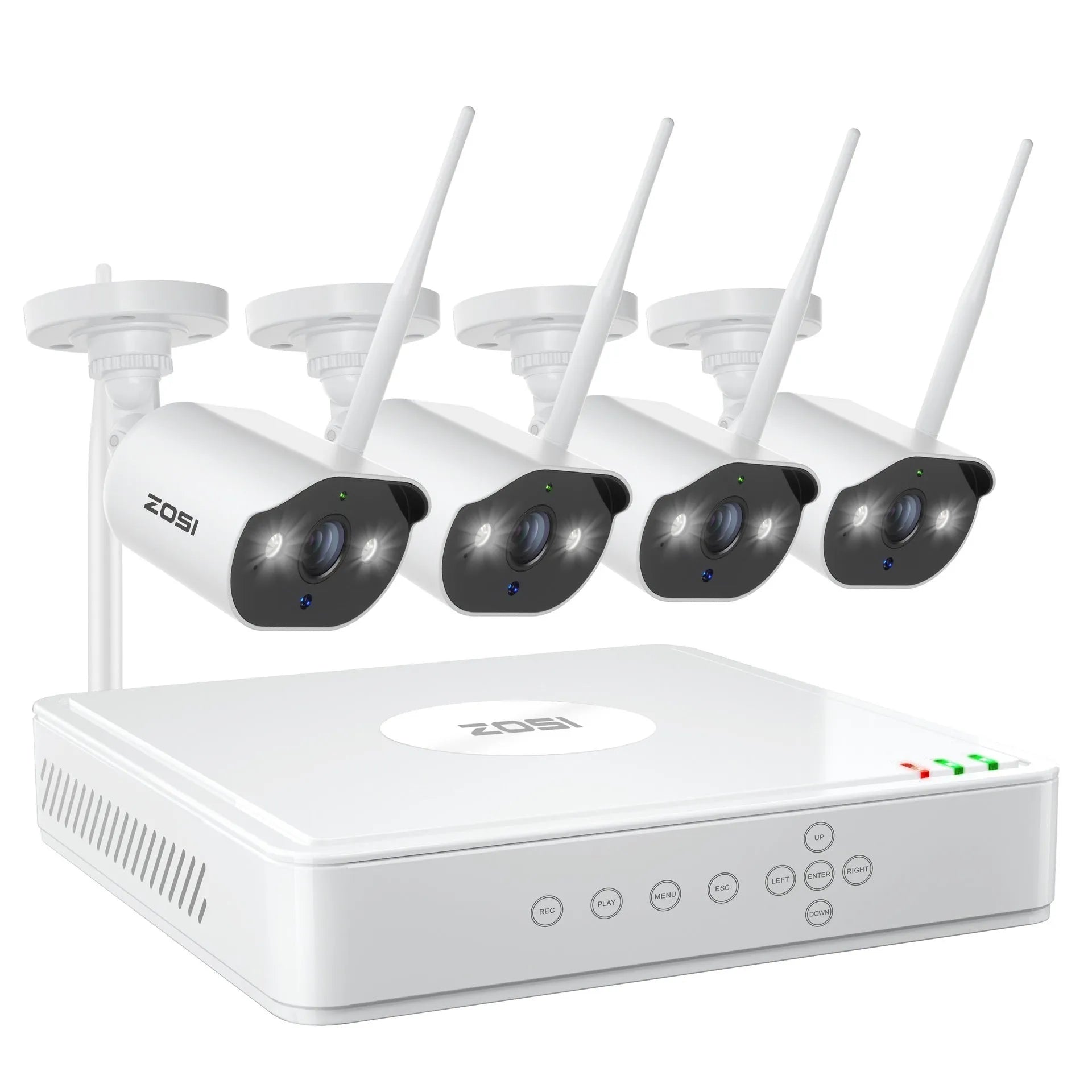 ZOSI 5MP POE security camera system with NVR, four outdoor cameras, and network components