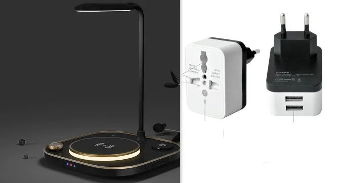 Black wireless charging desk lamp unit with smartphone charging on surface