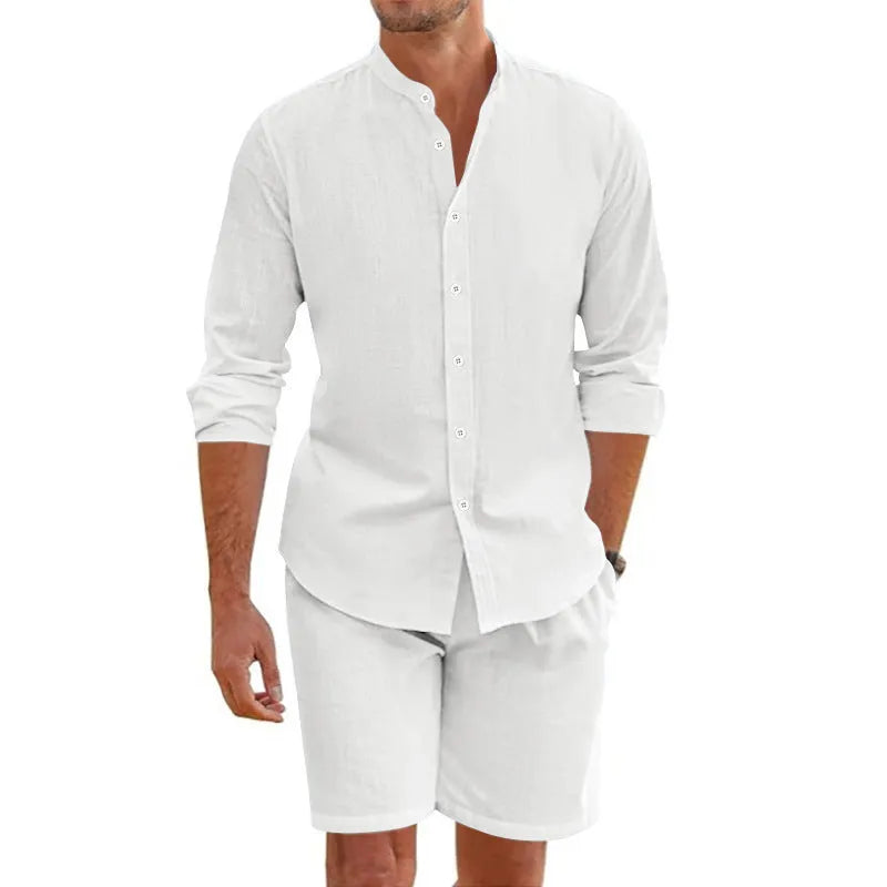 Men's summer shirt shorts set with button-down short sleeve shirt and drawstring shorts in multiple colour options