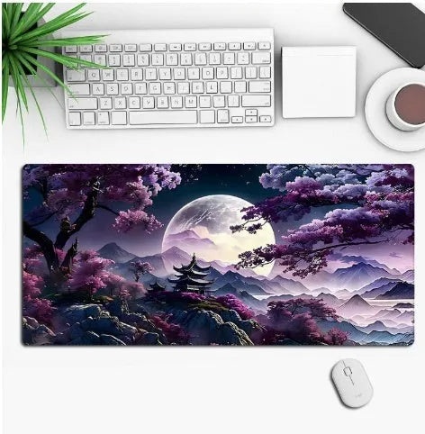 Hot anime series gaming mouse pad with colourful graphic, shown on a desk with a mouse.