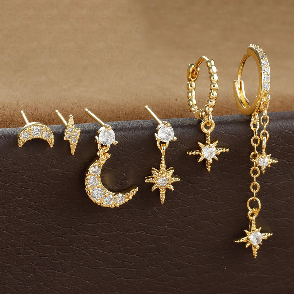 XINGX six piece gold electroplated chain tassel earrings set with zircon details on copper