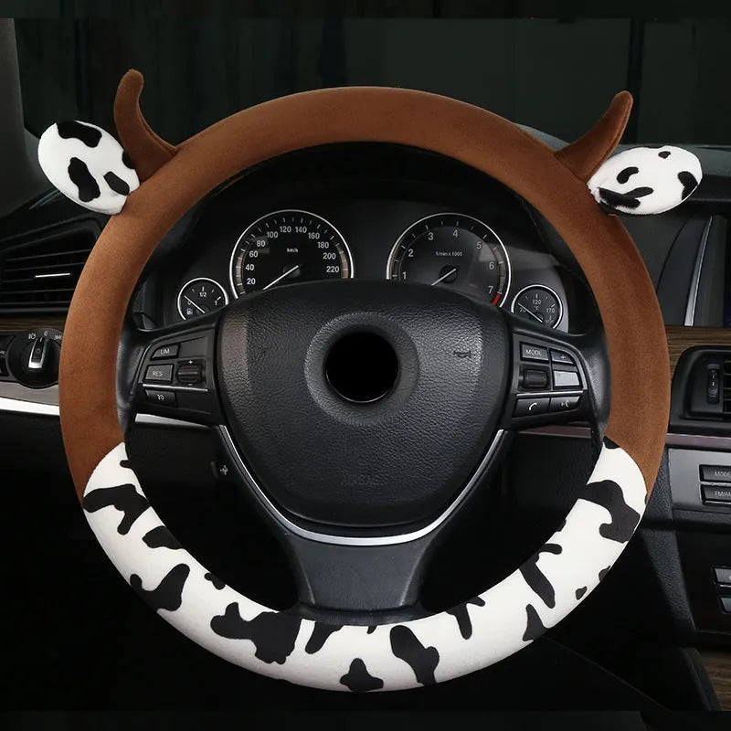 Short plush car steering wheel cover with protective handle in 38cm diameter