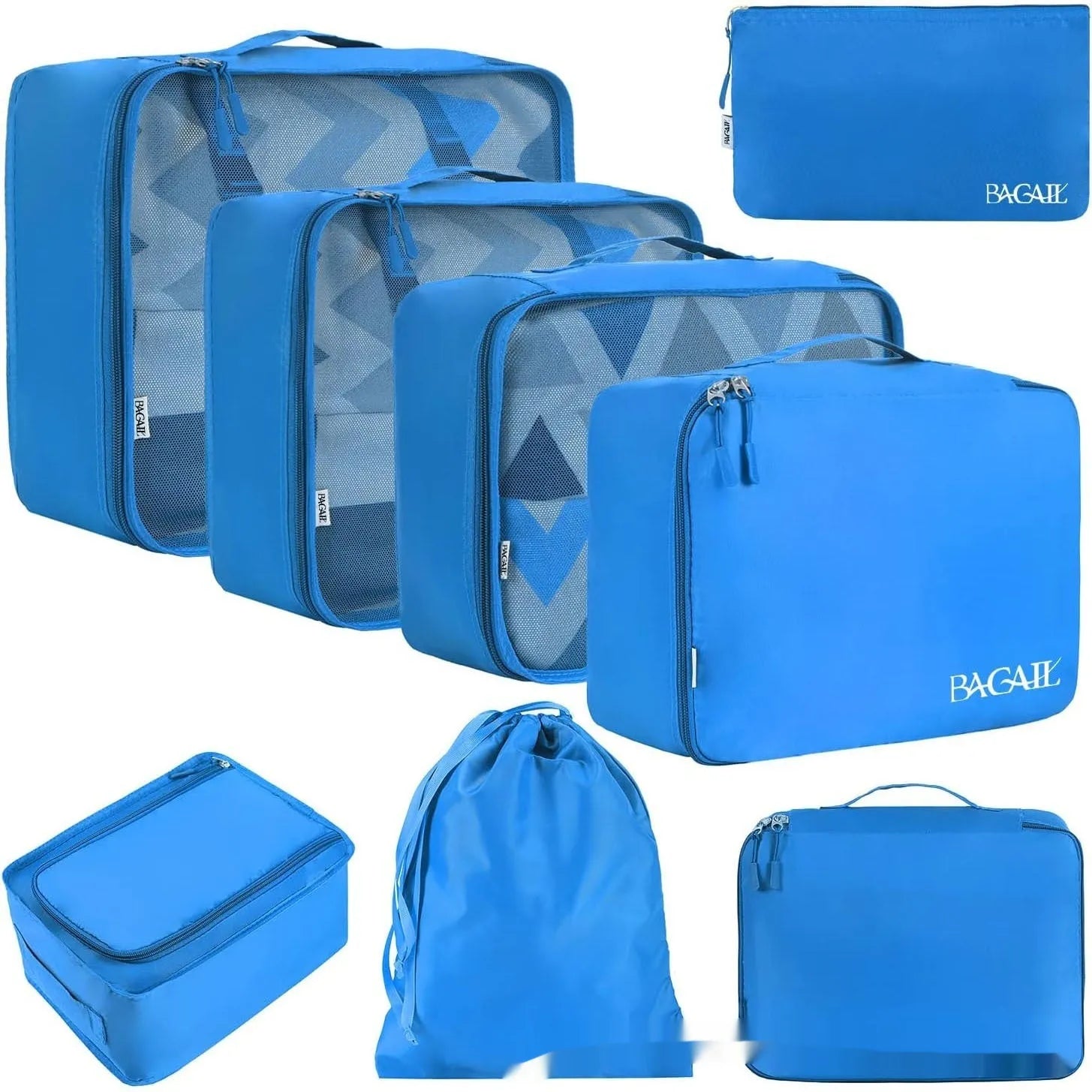 Set of eight PP packing cubes in various colours including beige, black, pink, and leopard print for travel organisation.