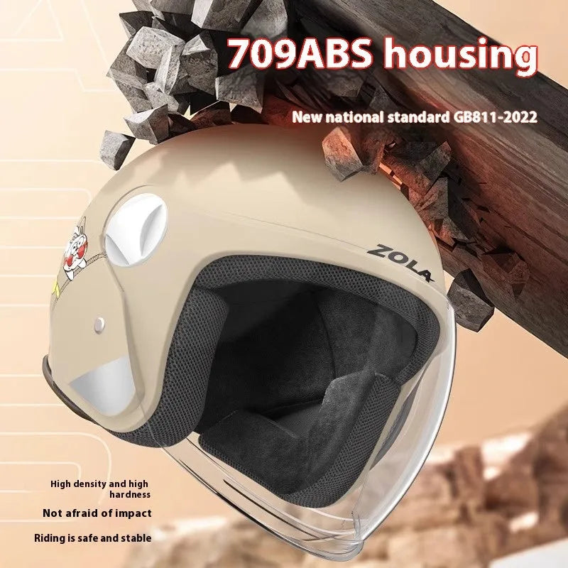 Winter electric bike helmet with anti-fog visor shown in blue colour with attached ear covers.