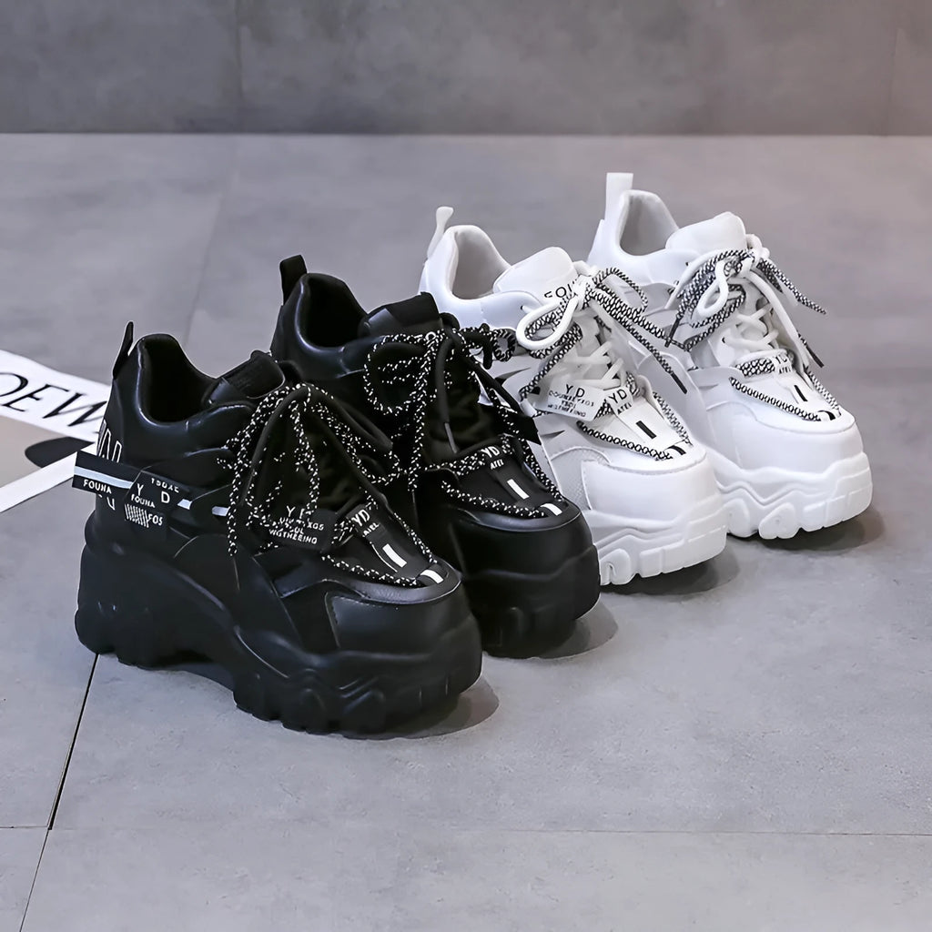 Women's white and black mesh platform sports shoes with cross-strap design and 6-8cm heel