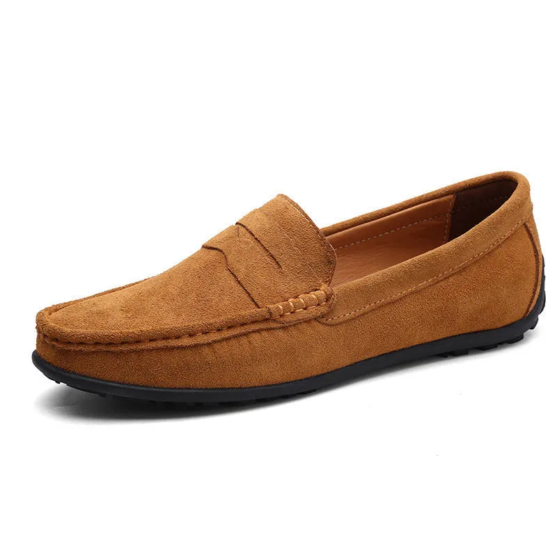 Men's brown suede leather casual shoes with round toe and flat rubber sole on a white background