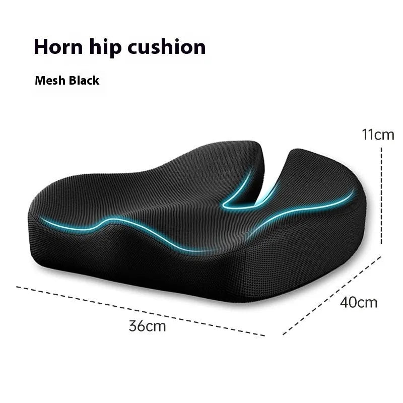 Memory foam office chair cushion measuring 36x40x11cm in dark grey colour with mesh backing