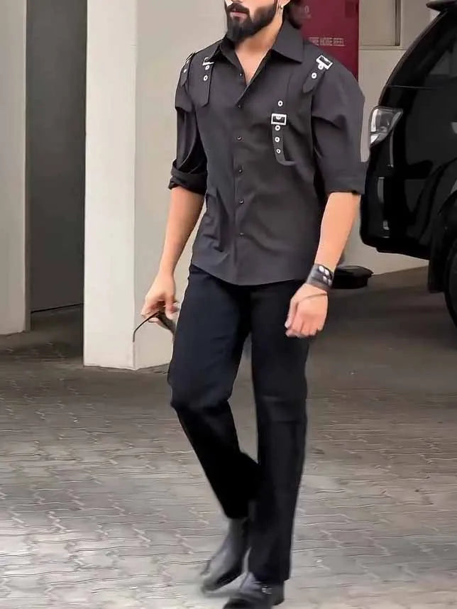 Men's black button-up long sleeve shirt with a regular fit, made from polyester.