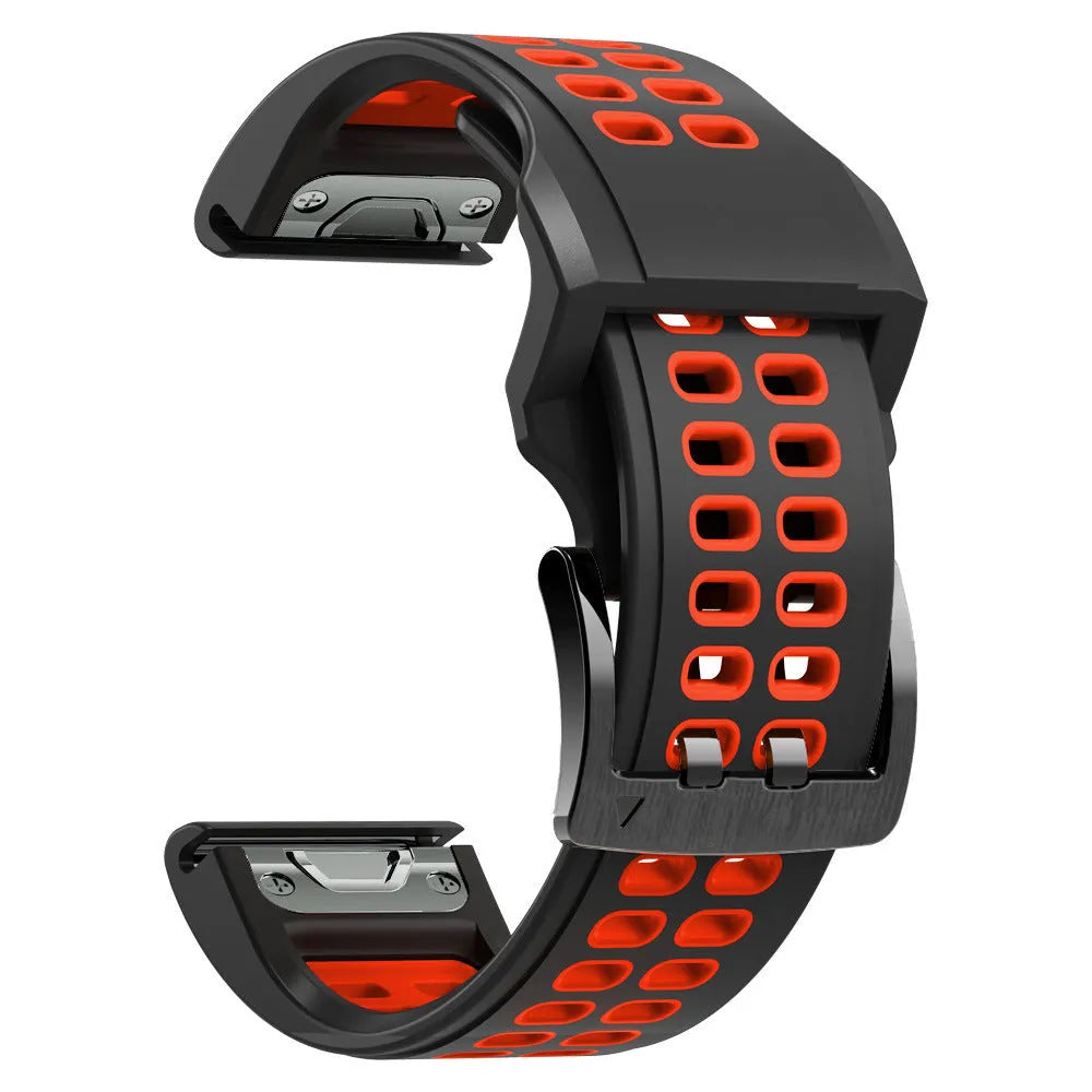 Two-colour silicone quick release watch strap with pin buckle in black and orange combination