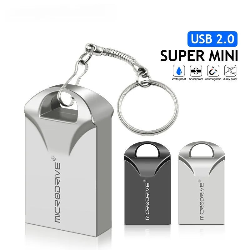 Compact black and silver metal USB flash drive on a white background showing its small size.