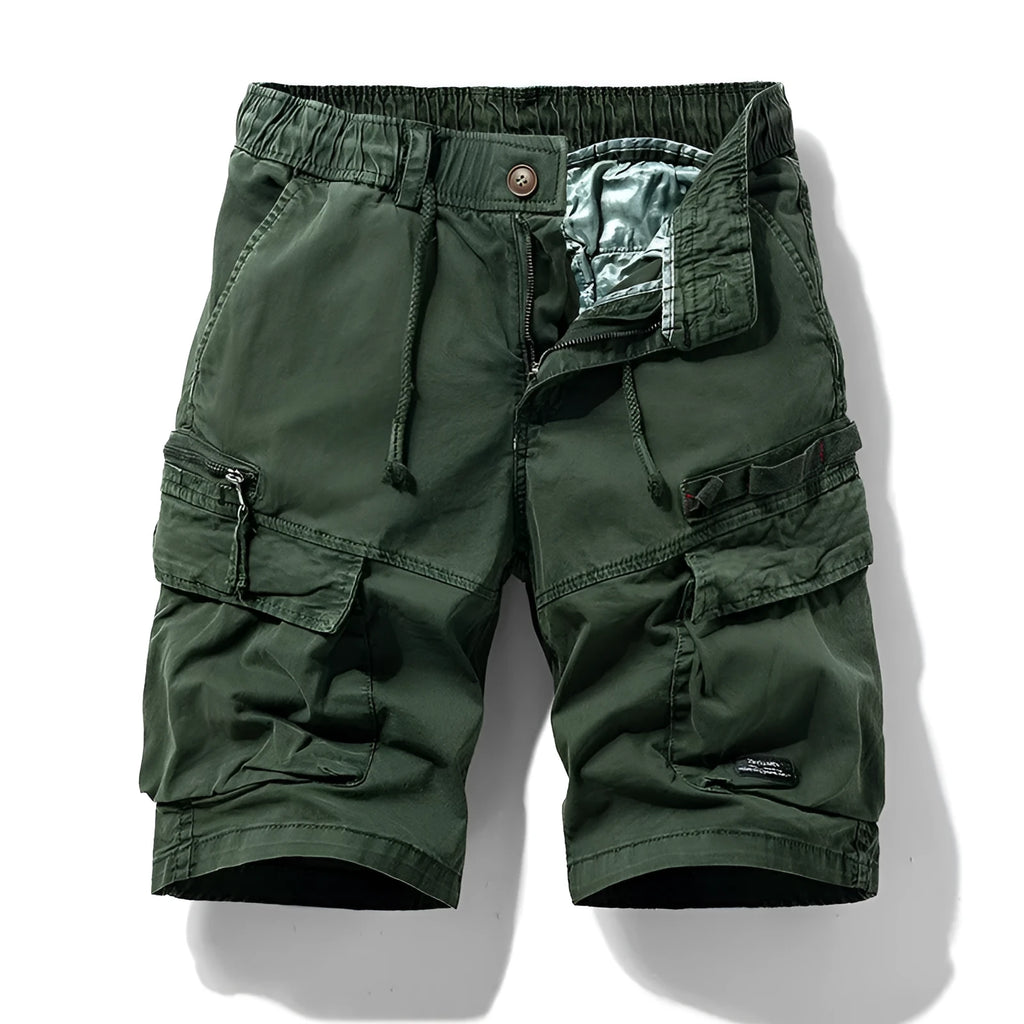 Men's cotton summer shorts with zipper and multiple pockets in Army Green colour