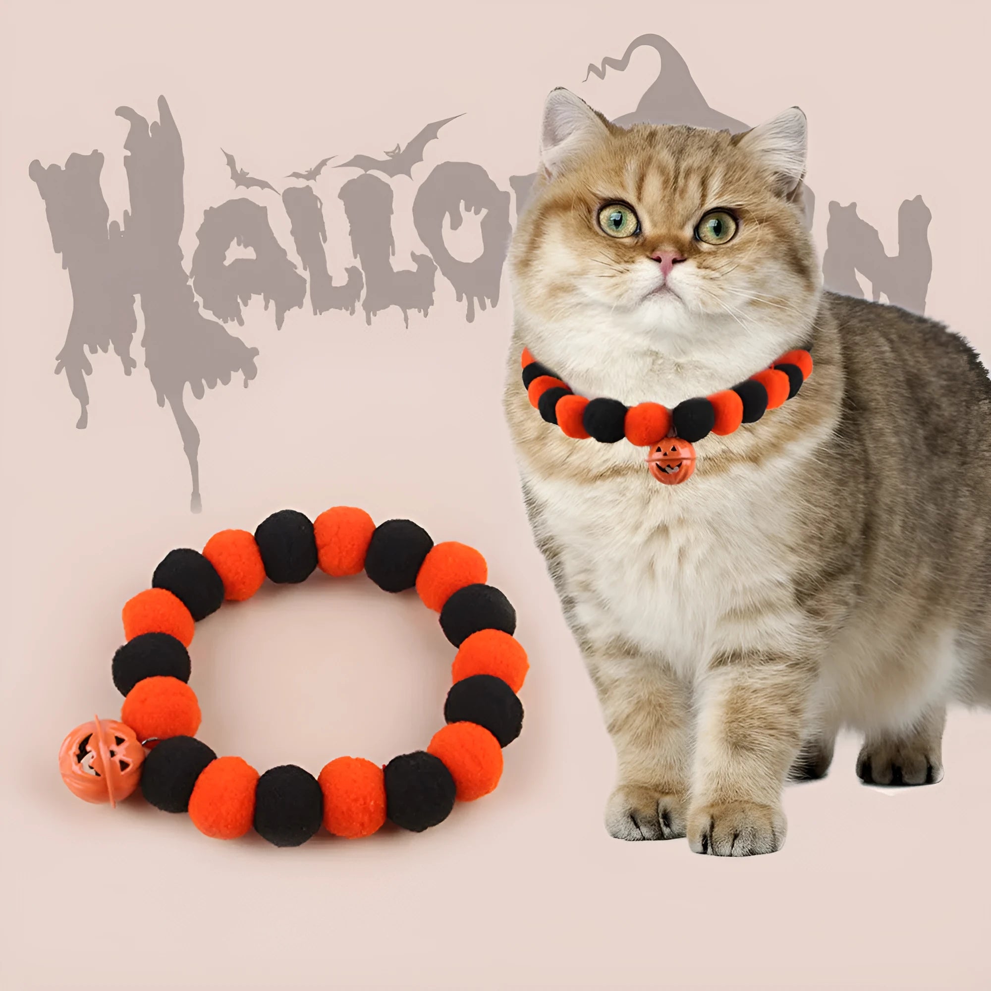 Halloween pumpkin design cat collar with metal buckle in three adjustable sizes