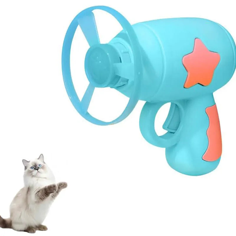 Blue or pink plastic cat toy gun with frisbee launcher for indoor feline play