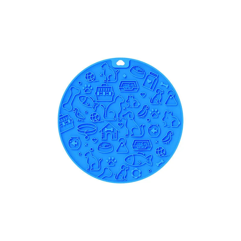 Round silicone pet licking mat with suction cups in blue, grey, mint, orange, and pink colours.