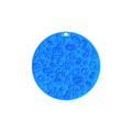 Round silicone pet licking mat with suction cups in blue, grey, mint, orange, and pink colours.
