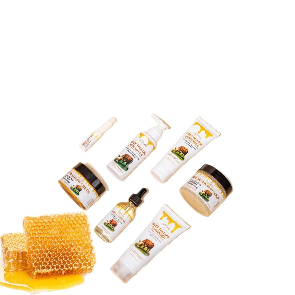 Seven-piece butter honey skincare set with facial cleanser, face cream, lipstick, protective cream, body lotion, facial scrub