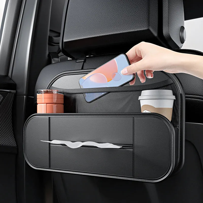 Black leather car seat rear storage bag organiser showing dimensions.