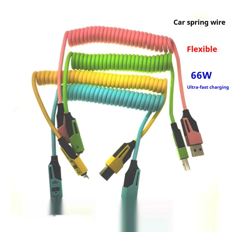 Spring Mech four-in-one flexible silica gel data cable with Lightning Micro USB and TYPE-C connectors, blue colour