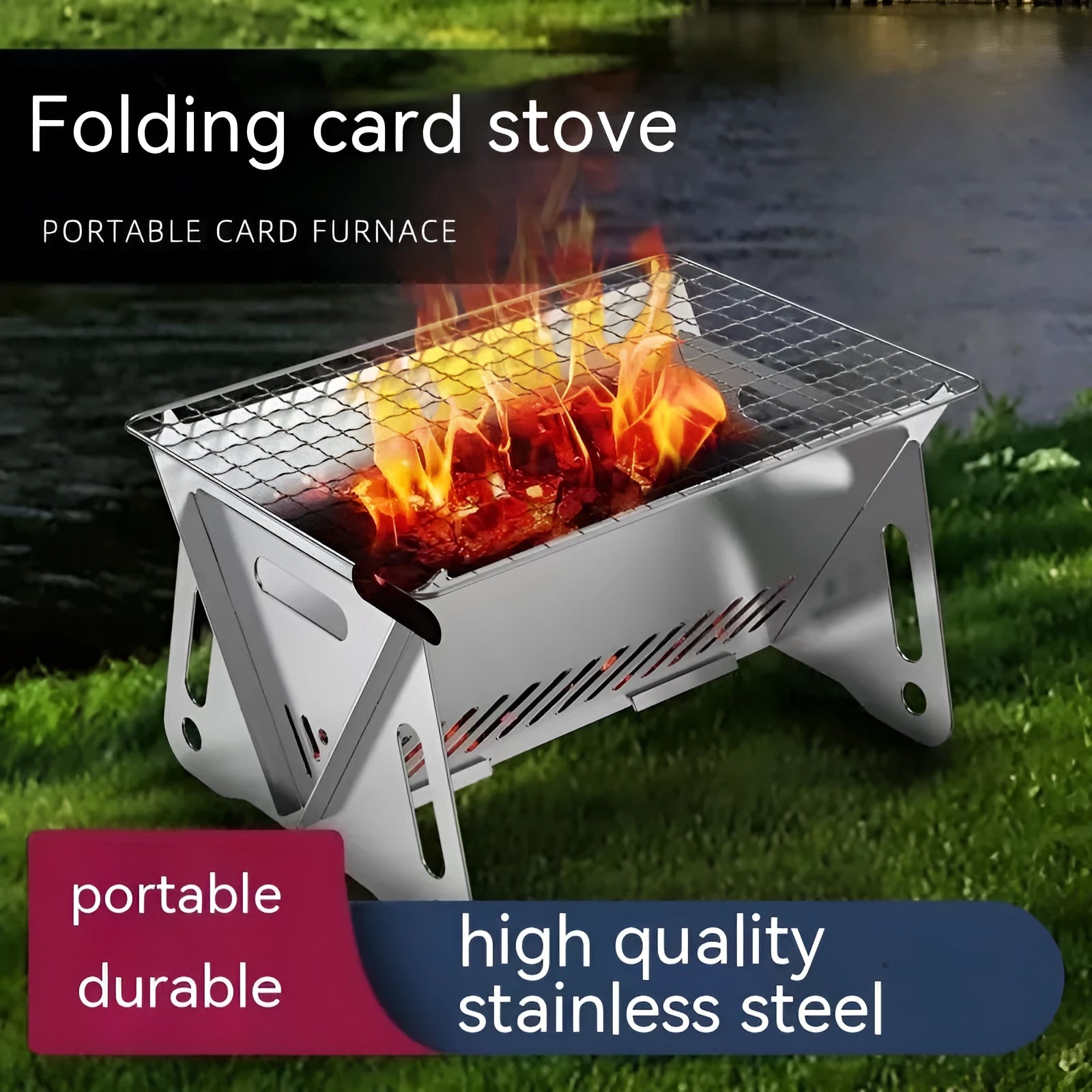 Folding stainless steel portable barbecue oven with large grill and storage bag.