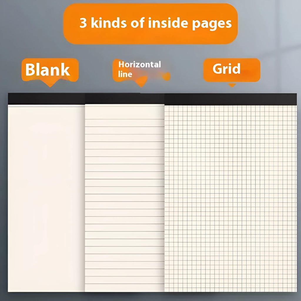 A5, B5, and A4 writing pads with tearable pages in blank, grid, and lined rulings