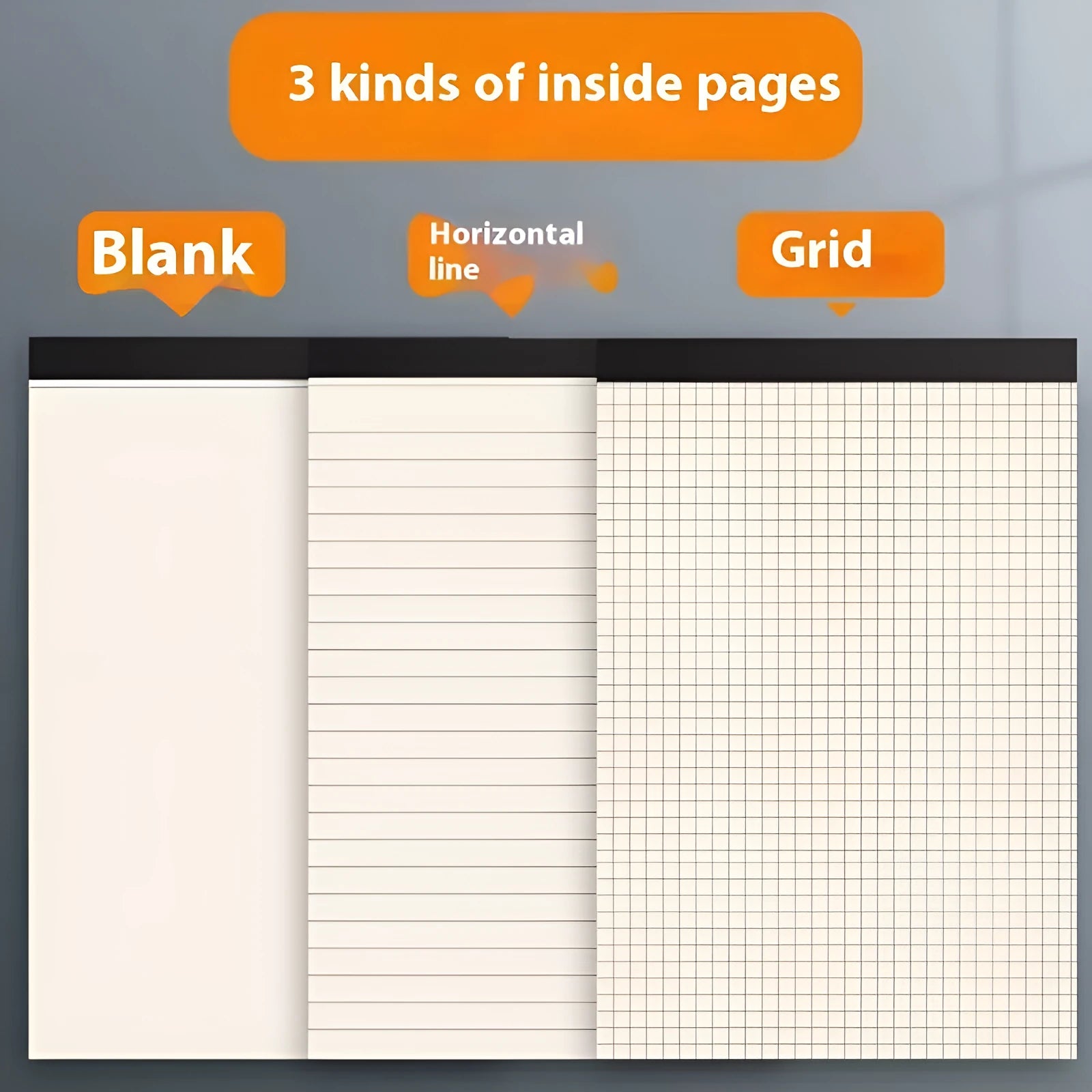 A5, B5, and A4 writing pads with tearable pages in blank, grid, and lined rulings