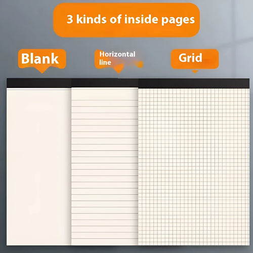 A5, B5, and A4 writing pads with tearable pages in blank, grid, and lined rulings