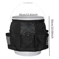 Black cylindrical polyester hanging storage bag on a 5 gallon drum