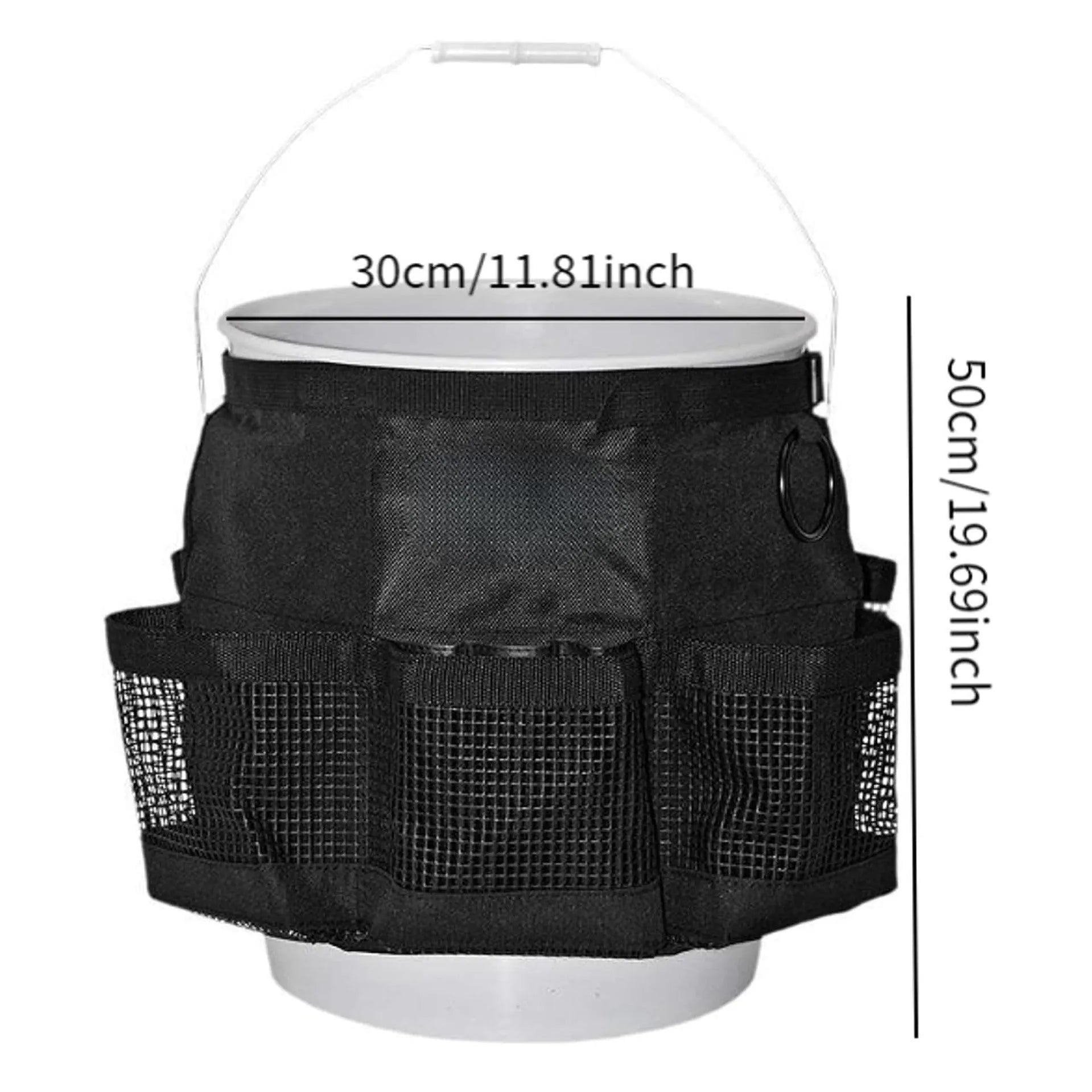 Black cylindrical polyester hanging storage bag on a 5 gallon drum